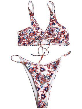 Red, Blue, Gold White Paisley Print 2 Piece String Bikini - Size Small